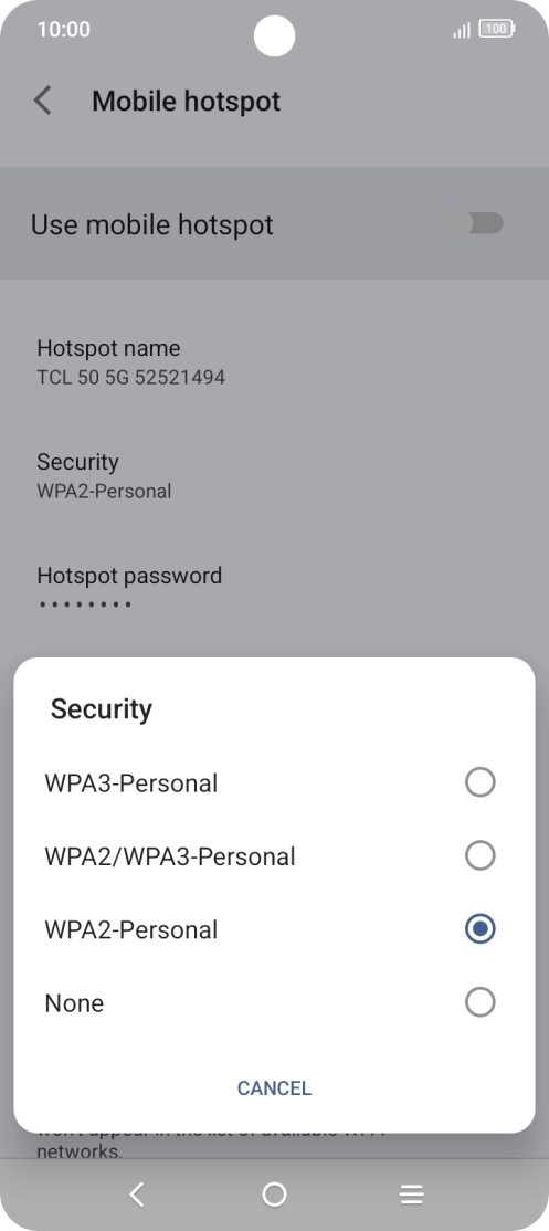 Press WPA3-Personal to password protect your Wi-Fi hotspot. Press WPA3-Personal to password protect your Wi-Fi hotspot.