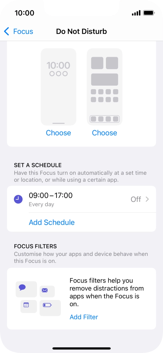 Press Add Schedule and follow the instructions on the screen to select settings for automatic activation of Do Not Disturb. Press Add Schedule and follow the instructions on the screen to select settings for automatic activation of Do Not Disturb.