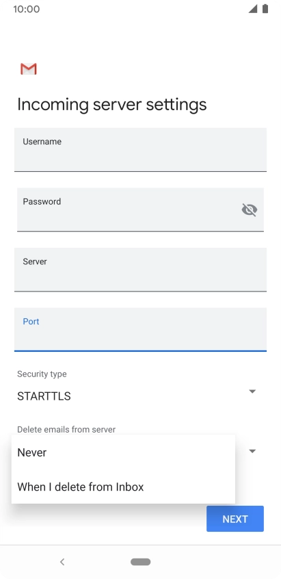 Press Never to keep email on the server when you delete them on your phone. Press Never to keep email on the server when you delete them on your phone.