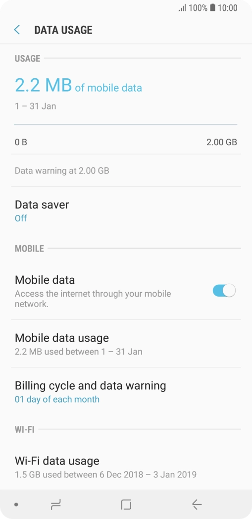 The total data usage is displayed. The total data usage is displayed.