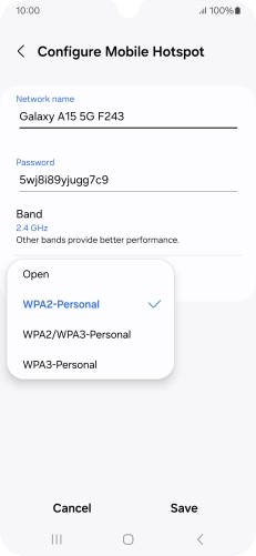 Press WPA3-Personal to password protect your Wi-Fi hotspot. Press WPA3-Personal to password protect your Wi-Fi hotspot.
