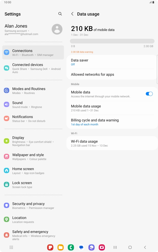 The total data usage is displayed. The total data usage is displayed.