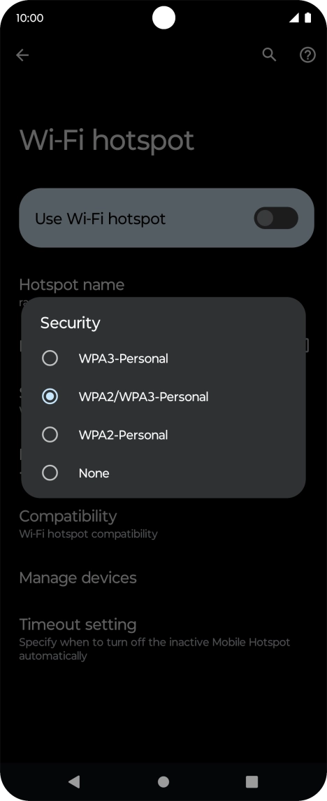 Press WPA3-Personal to password protect your Wi-Fi hotspot. Press WPA3-Personal to password protect your Wi-Fi hotspot.