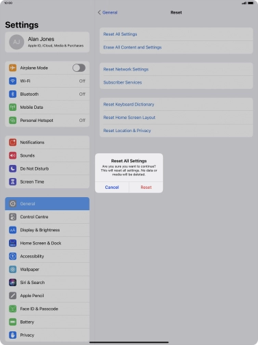 Press Reset. Wait a moment while the factory default settings are restored. Follow the instructions on the screen to set up your tablet and prepare it for use. Press Reset. Wait a moment while the factory default settings are restored. Follow the instructions on the screen to set up your tablet and prepare it for use.