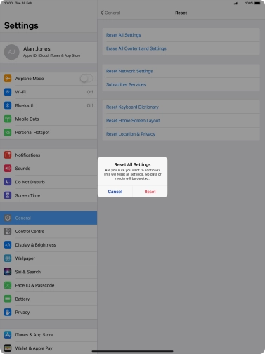 Press Reset. Wait a moment while the factory default settings are restored. Follow the instructions on the screen to set up your tablet and prepare it for use. Press Reset. Wait a moment while the factory default settings are restored. Follow the instructions on the screen to set up your tablet and prepare it for use.