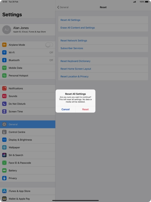 Press Reset. Wait a moment while the factory default settings are restored. Follow the instructions on the screen to set up your tablet and prepare it for use. Press Reset. Wait a moment while the factory default settings are restored. Follow the instructions on the screen to set up your tablet and prepare it for use.