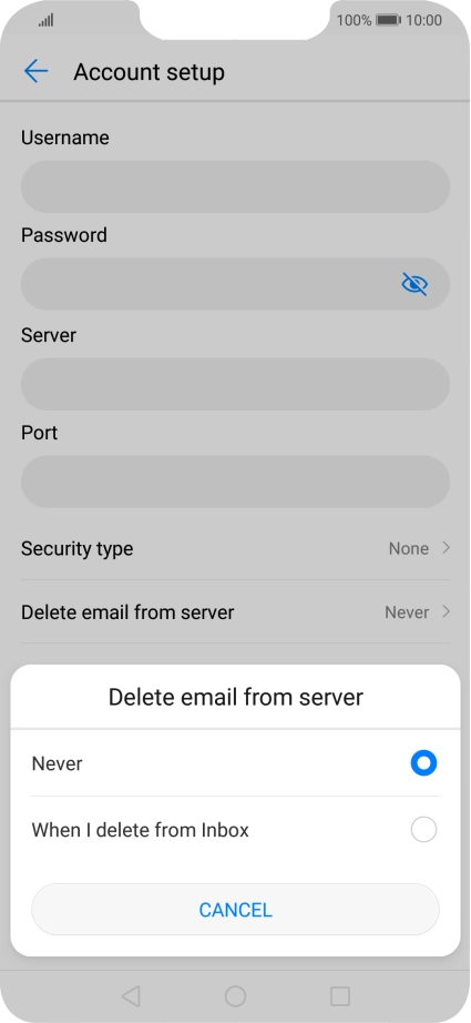 Press Never to keep email on the server when you delete them on your phone. Press Never to keep email on the server when you delete them on your phone.