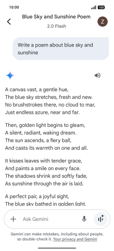 You can ask Gemini to generate a text based on your description. You can ask Gemini to generate a text based on your description.