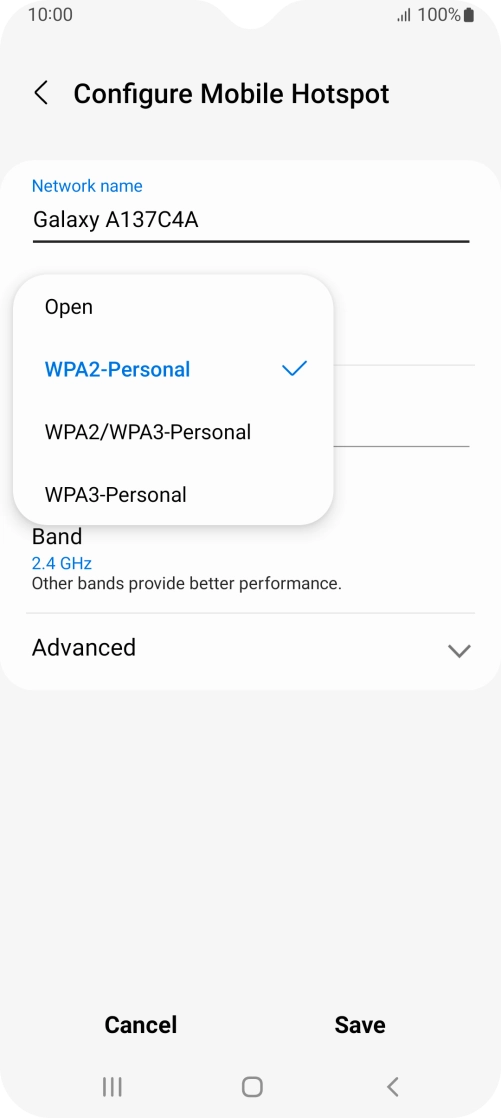 Press WPA3-Personal to password protect your Wi-Fi hotspot. Press WPA3-Personal to password protect your Wi-Fi hotspot.
