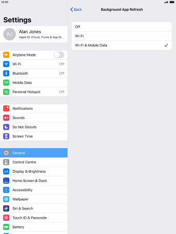 To turn off background refresh of apps, press Off. To turn off background refresh of apps, press Off.