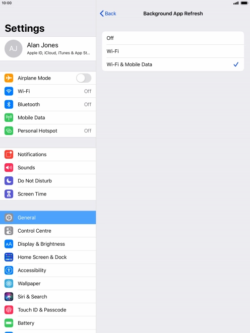 To turn off background refresh of apps, press Off. To turn off background refresh of apps, press Off.