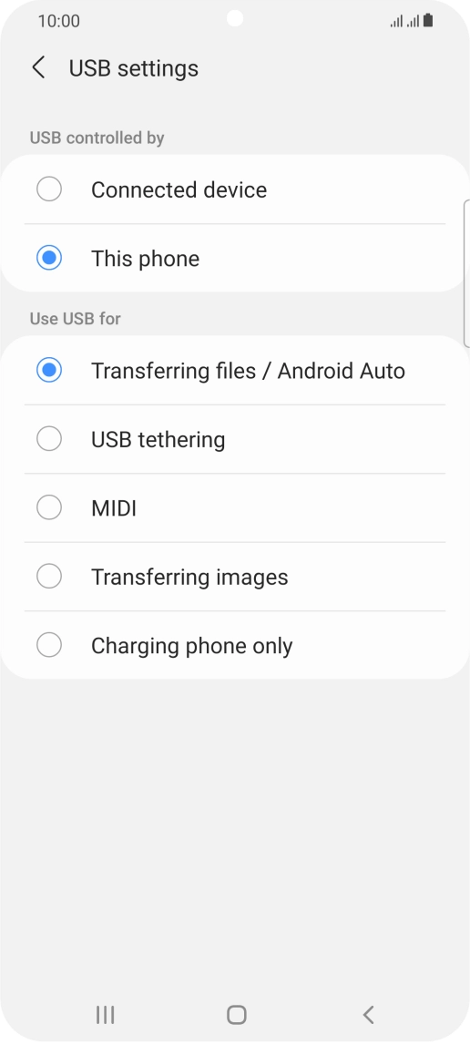 Press Transferring files / Android Auto. Press Transferring files / Android Auto.