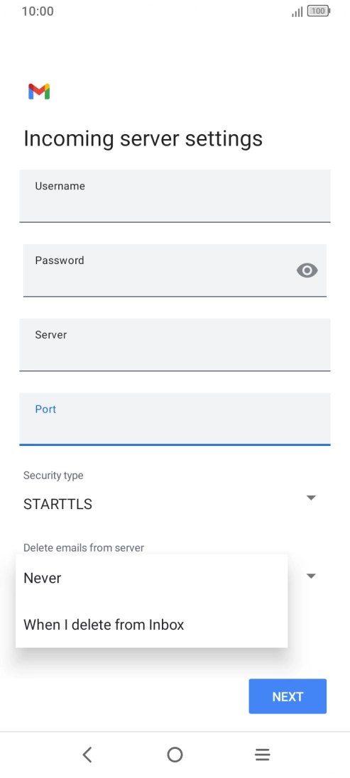 Press Never to keep email on the server when you delete them on your phone. Press Never to keep email on the server when you delete them on your phone.
