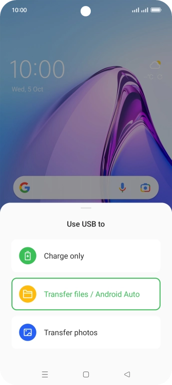 Press Transfer files / Android Auto. Press Transfer files / Android Auto.