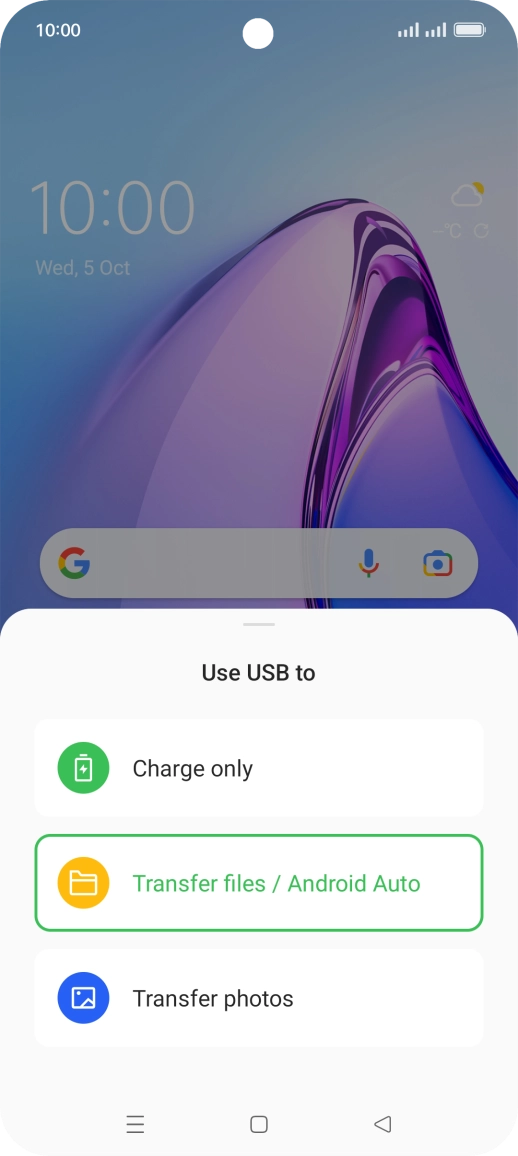 Press Transfer files / Android Auto. Press Transfer files / Android Auto.