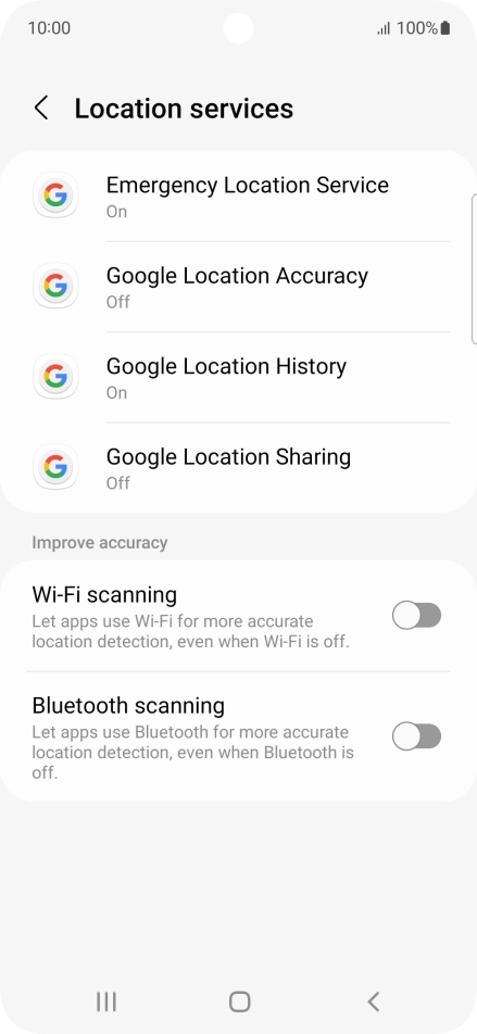 Press Google Location Accuracy. Press Google Location Accuracy.