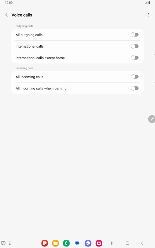 Press the indicator next to the required barring type to turn the function on or off. Press the indicator next to the required barring type to turn the function on or off.