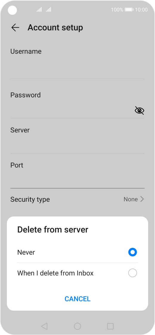 Press Never to keep email on the server when you delete them on your phone. Press Never to keep email on the server when you delete them on your phone.