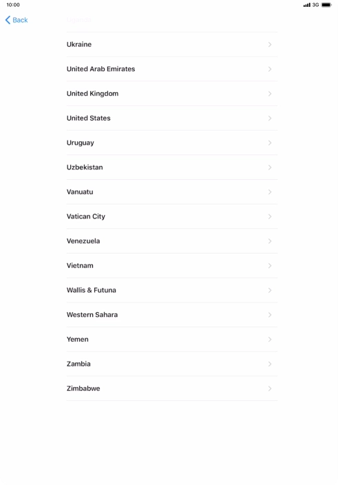 Press the required country or area. Press the required country or area.