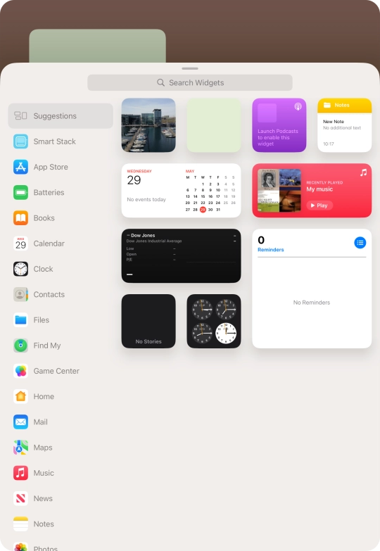 Press the required widget. Press the required widget.