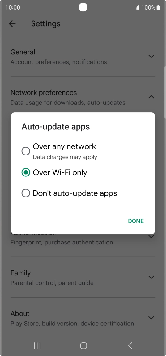 To turn on automatic update of apps using mobile network, press Over any network. To turn on automatic update of apps using mobile network, press Over any network.