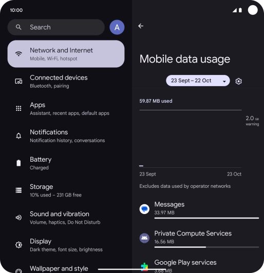The data usage for each application is displayed below the name of the application. The data usage for each application is displayed below the name of the application.