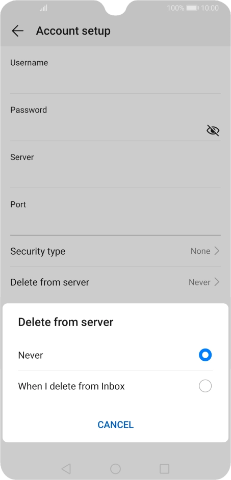 Press Never to keep email on the server when you delete them on your phone. Press Never to keep email on the server when you delete them on your phone.
