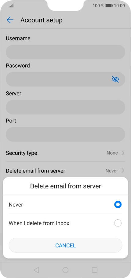 Press Never to keep email on the server when you delete them on your phone. Press Never to keep email on the server when you delete them on your phone.