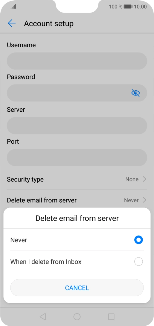 Press Never to keep email on the server when you delete them on your phone. Press Never to keep email on the server when you delete them on your phone.