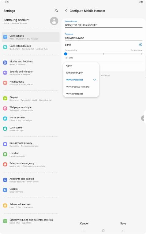 Press WPA3-Personal to password protect your Wi-Fi hotspot. Press WPA3-Personal to password protect your Wi-Fi hotspot.