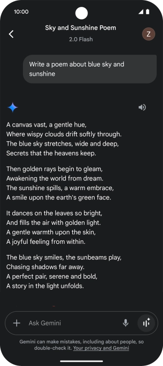 You can ask Gemini to generate a text based on your description. You can ask Gemini to generate a text based on your description.
