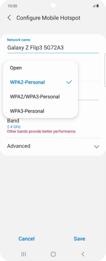 Press WPA3-Personal to password protect your Wi-Fi hotspot. Press WPA3-Personal to password protect your Wi-Fi hotspot.