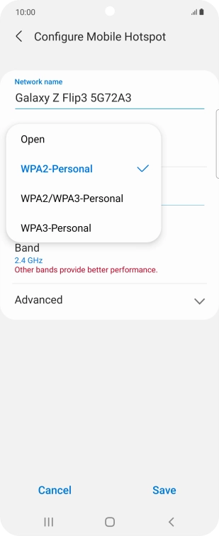 Press WPA3-Personal to password protect your Wi-Fi hotspot. Press WPA3-Personal to password protect your Wi-Fi hotspot.
