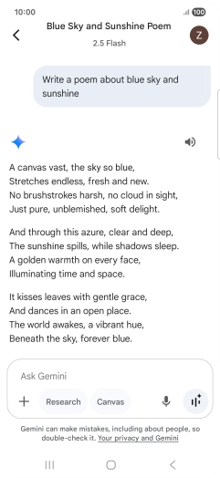 You can ask Gemini to generate a text based on your description. You can ask Gemini to generate a text based on your description.