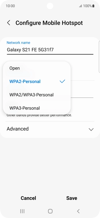 Press WPA3-Personal to password protect your Wi-Fi hotspot. Press WPA3-Personal to password protect your Wi-Fi hotspot.