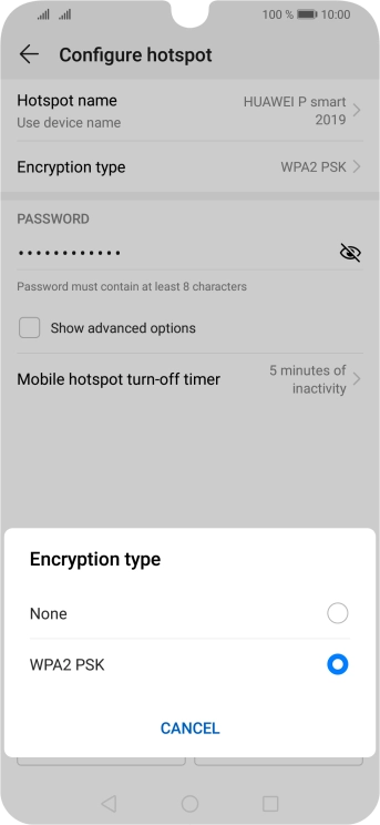 Press WPA2 PSK to password protect your Wi-Fi hotspot. Press WPA2 PSK to password protect your Wi-Fi hotspot.