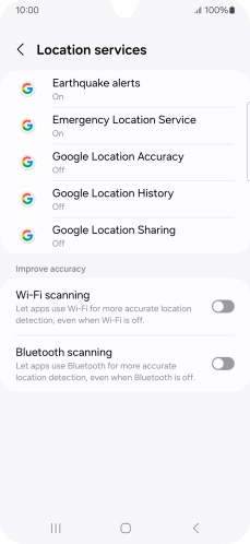 Press Google Location Accuracy. Press Google Location Accuracy.