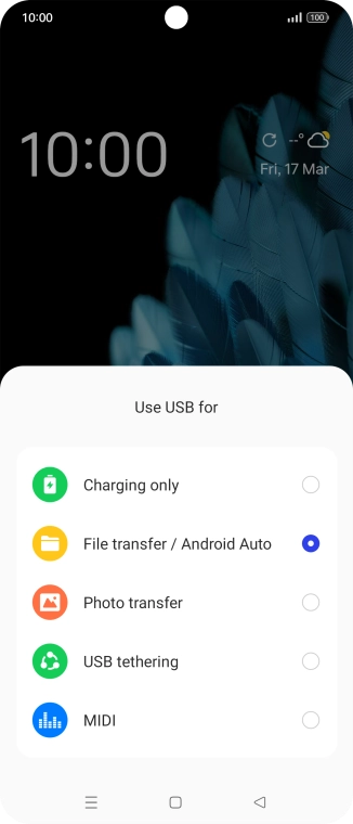 Press File transfer / Android Auto. Press File transfer / Android Auto.