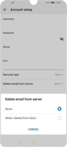 Press Never to keep email on the server when you delete them on your phone. Press Never to keep email on the server when you delete them on your phone.