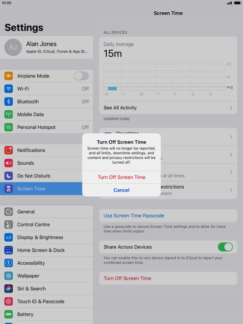 Press Turn Off Screen Time. Press Turn Off Screen Time.