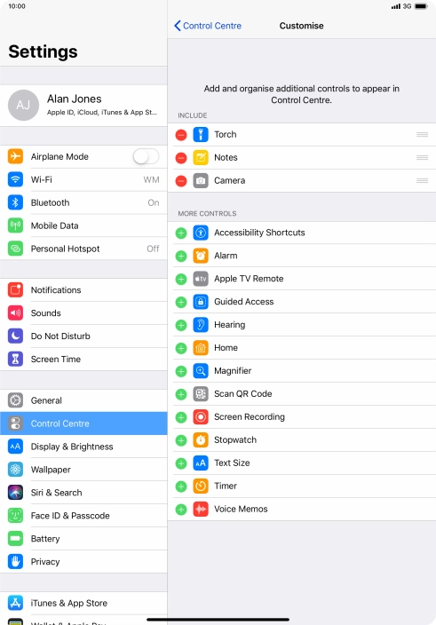 Press the delete icon next to the required function to remove it from Control Centre. Press the delete icon next to the required function to remove it from Control Centre.