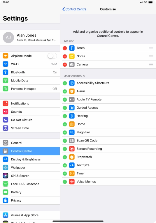Press the delete icon next to the required function to remove it from Control Centre. Press the delete icon next to the required function to remove it from Control Centre.