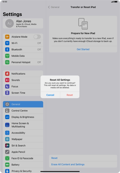 Press Reset. Wait a moment while the factory default settings are restored. Follow the instructions on the screen to set up your tablet and prepare it for use. Press Reset. Wait a moment while the factory default settings are restored. Follow the instructions on the screen to set up your tablet and prepare it for use.