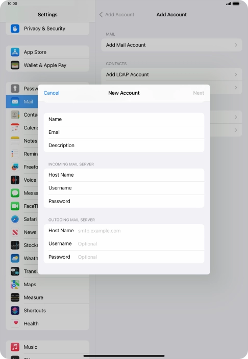 Press Host Name and key in the name of your email provider's outgoing server. Press Host Name and key in the name of your email provider's outgoing server.
