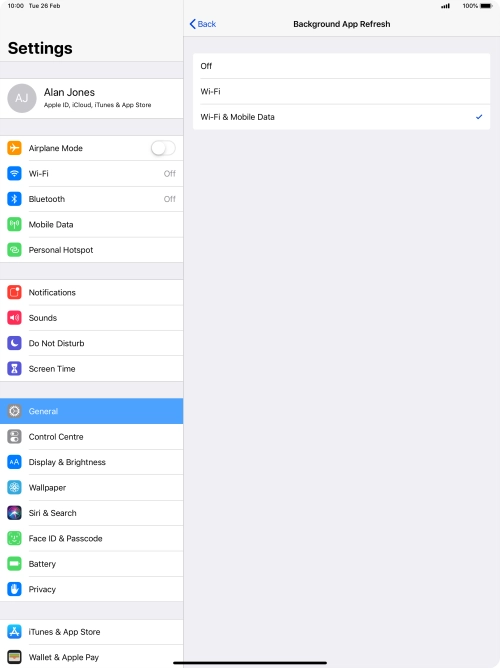 To turn off background refresh of apps, press Off. To turn off background refresh of apps, press Off.