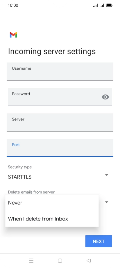 Press Never to keep email on the server when you delete them on your phone. Press Never to keep email on the server when you delete them on your phone.