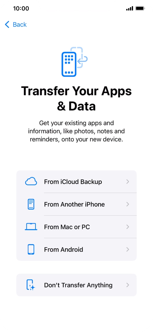 You can transfer content from an Android phone when your phone is activated for the first time and after a factory reset. When this screen is displayed, your phone is ready to transfer content from an Android phone. You can transfer content from an Android phone when your phone is activated for the first time and after a factory reset. When this screen is displayed, your phone is ready to transfer content from an Android phone.