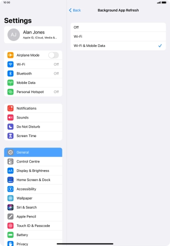 To turn off background refresh of apps, press Off. To turn off background refresh of apps, press Off.