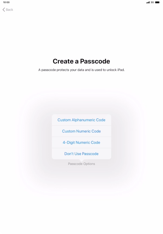 Follow the instructions on the screen to turn on use of lock code or press Don't Use Passcode. Follow the instructions on the screen to turn on use of lock code or press Don't Use Passcode.