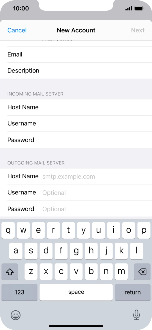 Press Host Name and key in the name of your email provider's outgoing server. Press Host Name and key in the name of your email provider's outgoing server.